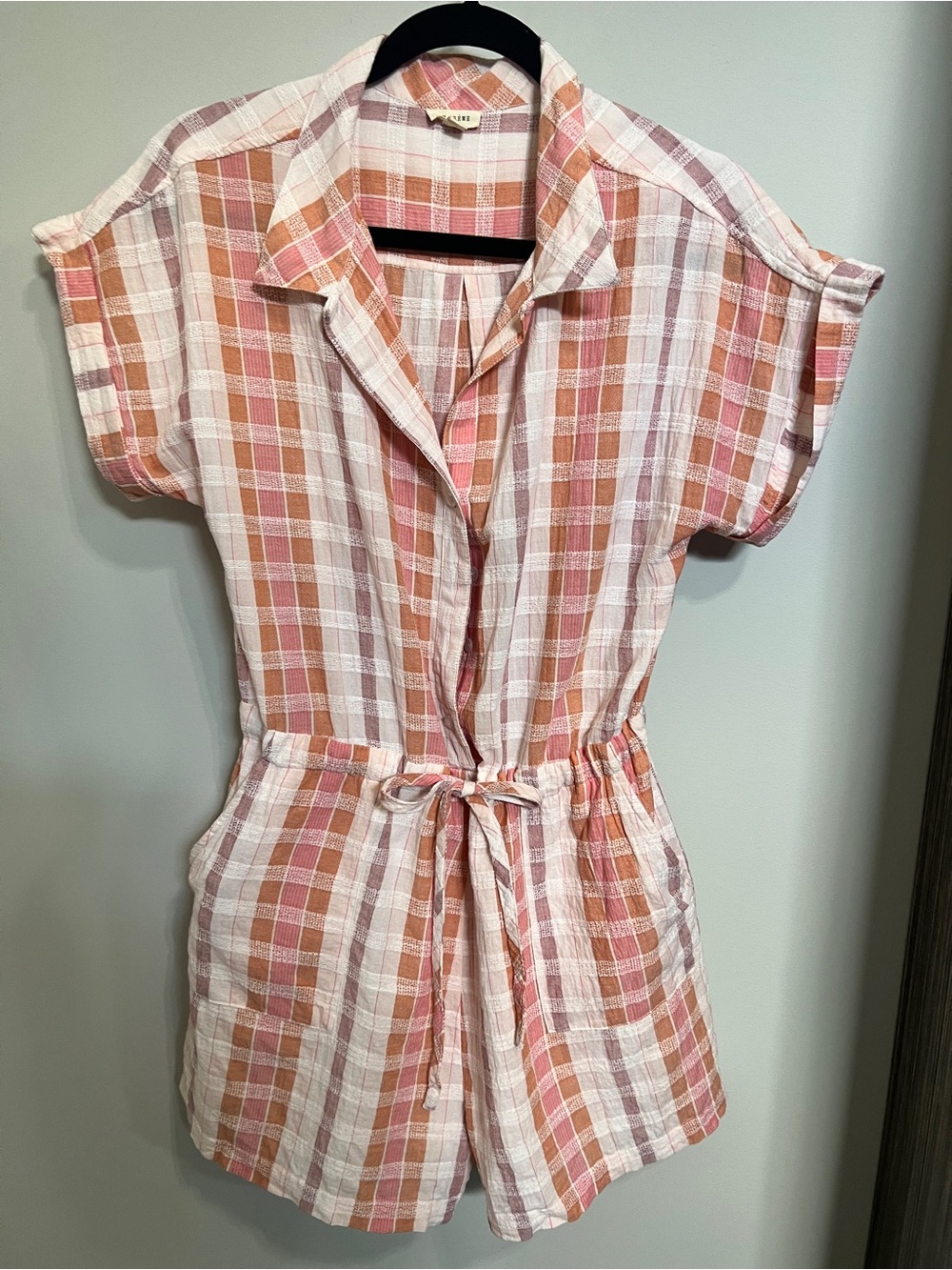 Light Plaid Tie-Waist Romper in Pink, Tan & Cream Size M